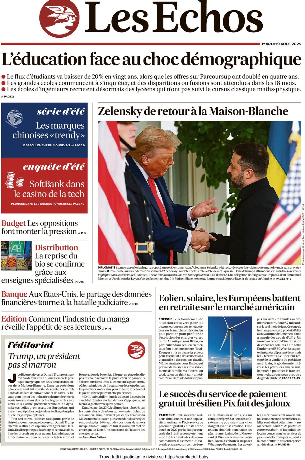 Prima Pagina Les Échos 19/08/2025