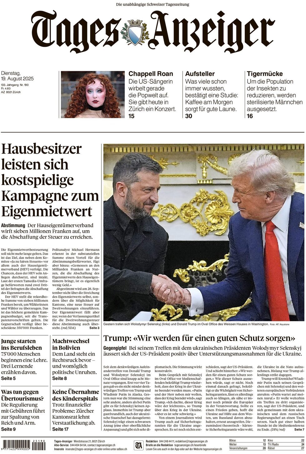 Prima Pagina Tages-Anzeiger (Tagi TA) 19/08/2025