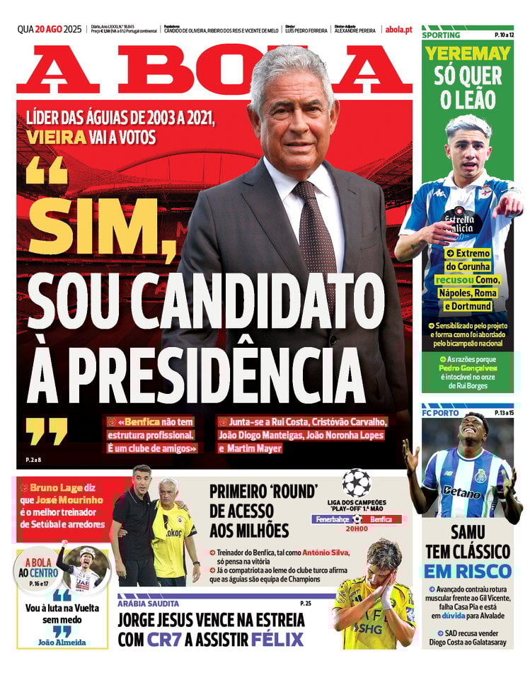 Prima Pagina A Bola 20/08/2025
