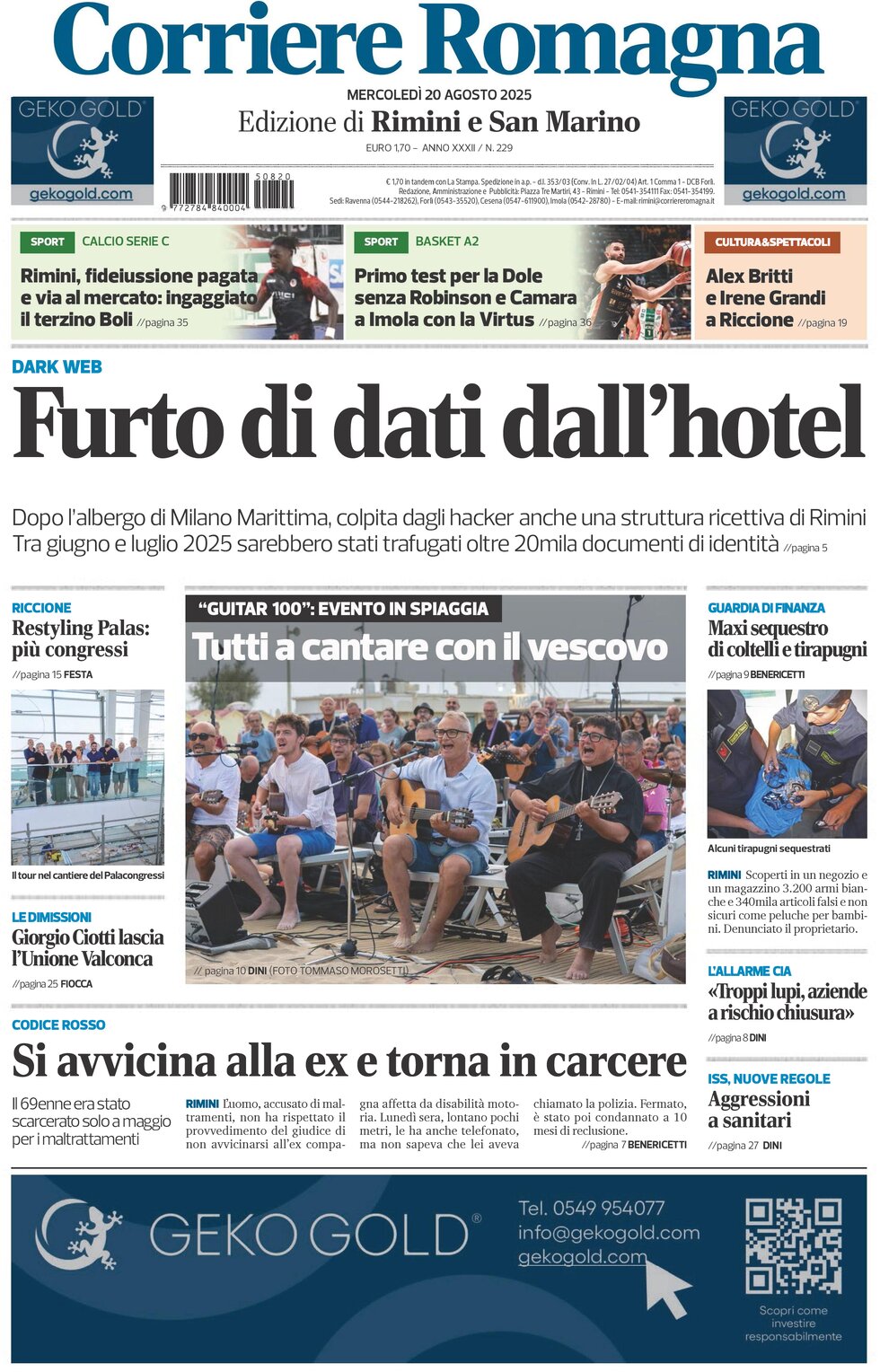 Prima Pagina Corriere Romagna (Rimini e San Marino) 20/08/2025