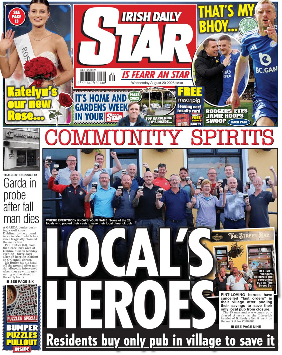 Prima Pagina Irish Daily Star 20/08/2025