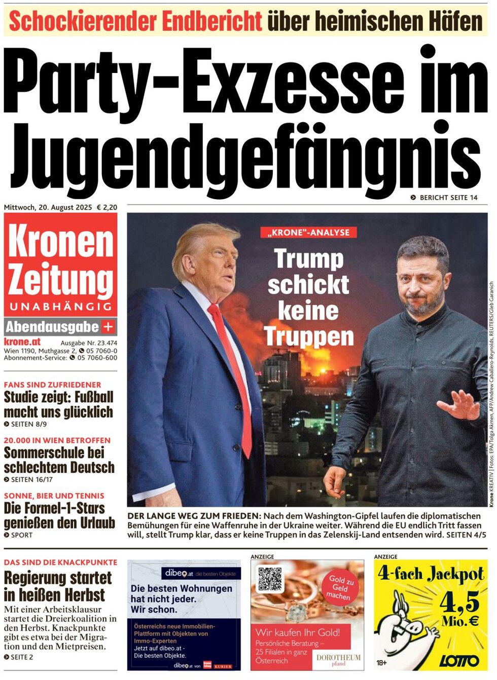 Prima Pagina Kronen Zeitung 20/08/2025