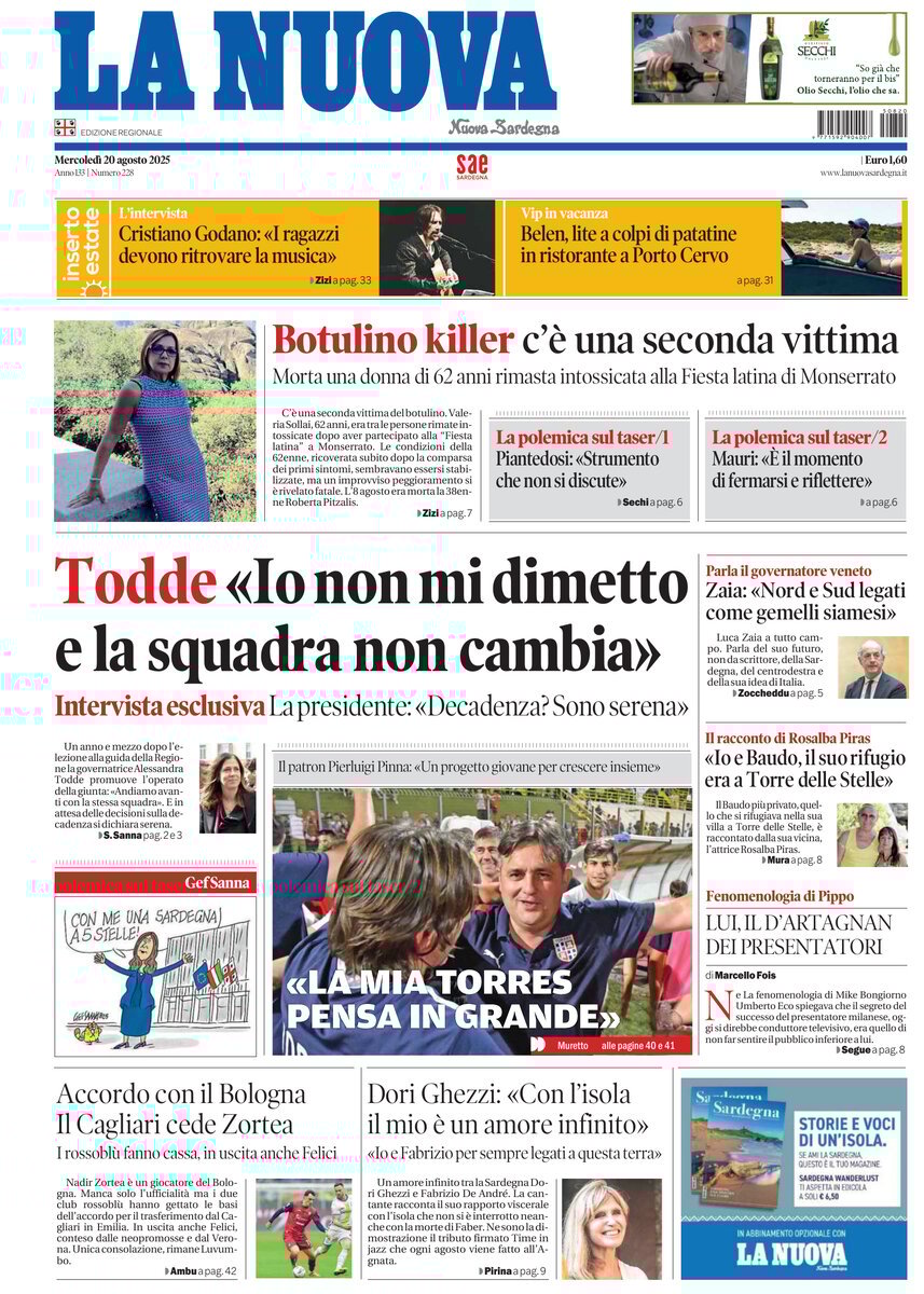 Prima Pagina La Nuova Sardegna 20/08/2025