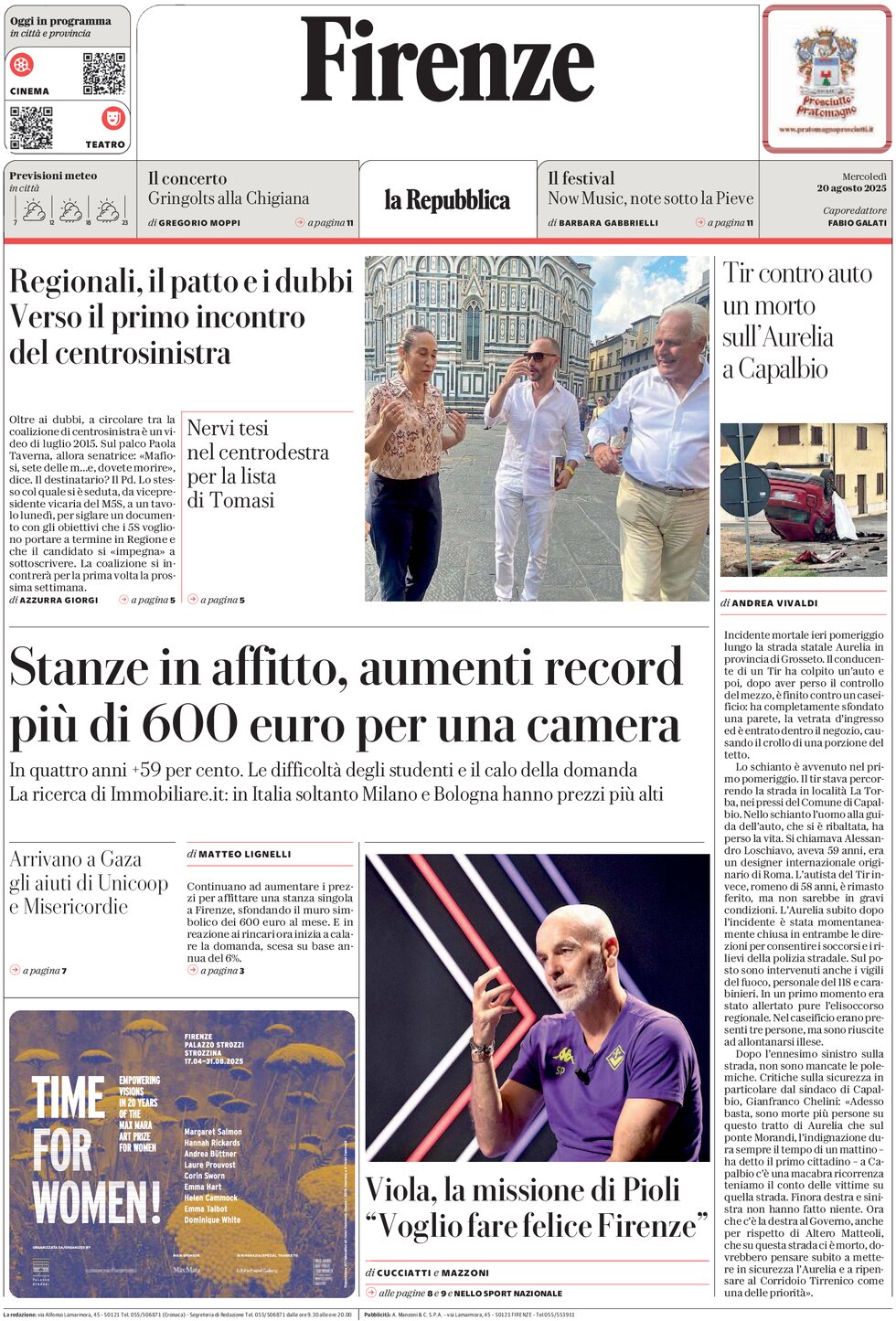 Prima Pagina La Repubblica (Firenze) 20/08/2025