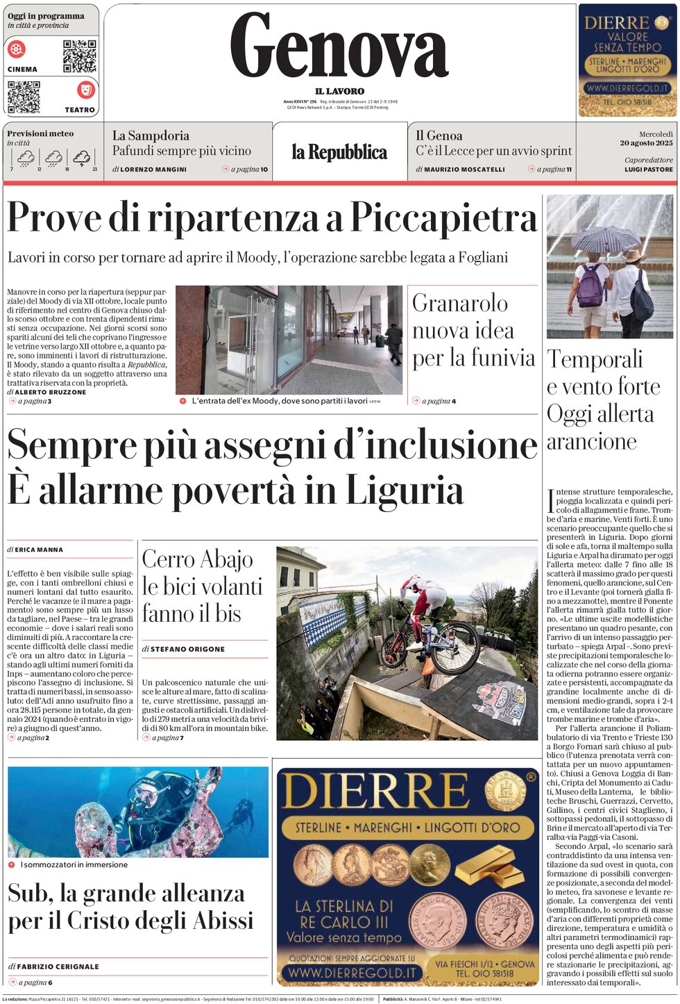 Prima Pagina La Repubblica (Genova) 20/08/2025