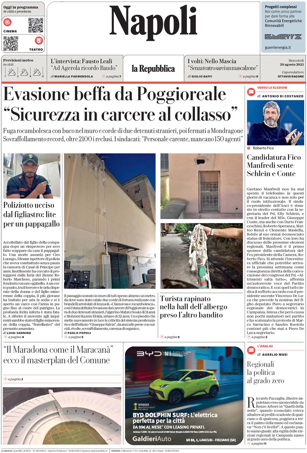 Prima Pagina La Repubblica (Napoli) 20/08/2025