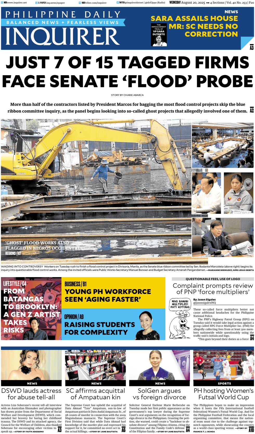 Prima Pagina Philippine Daily Inquirer 20/08/2025