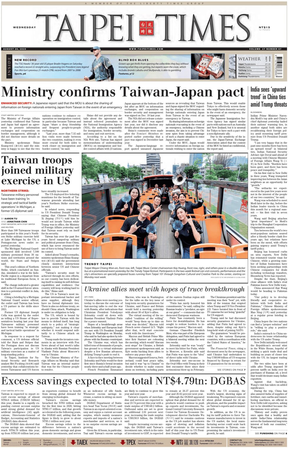 Prima Pagina Taipei Times 20/08/2025