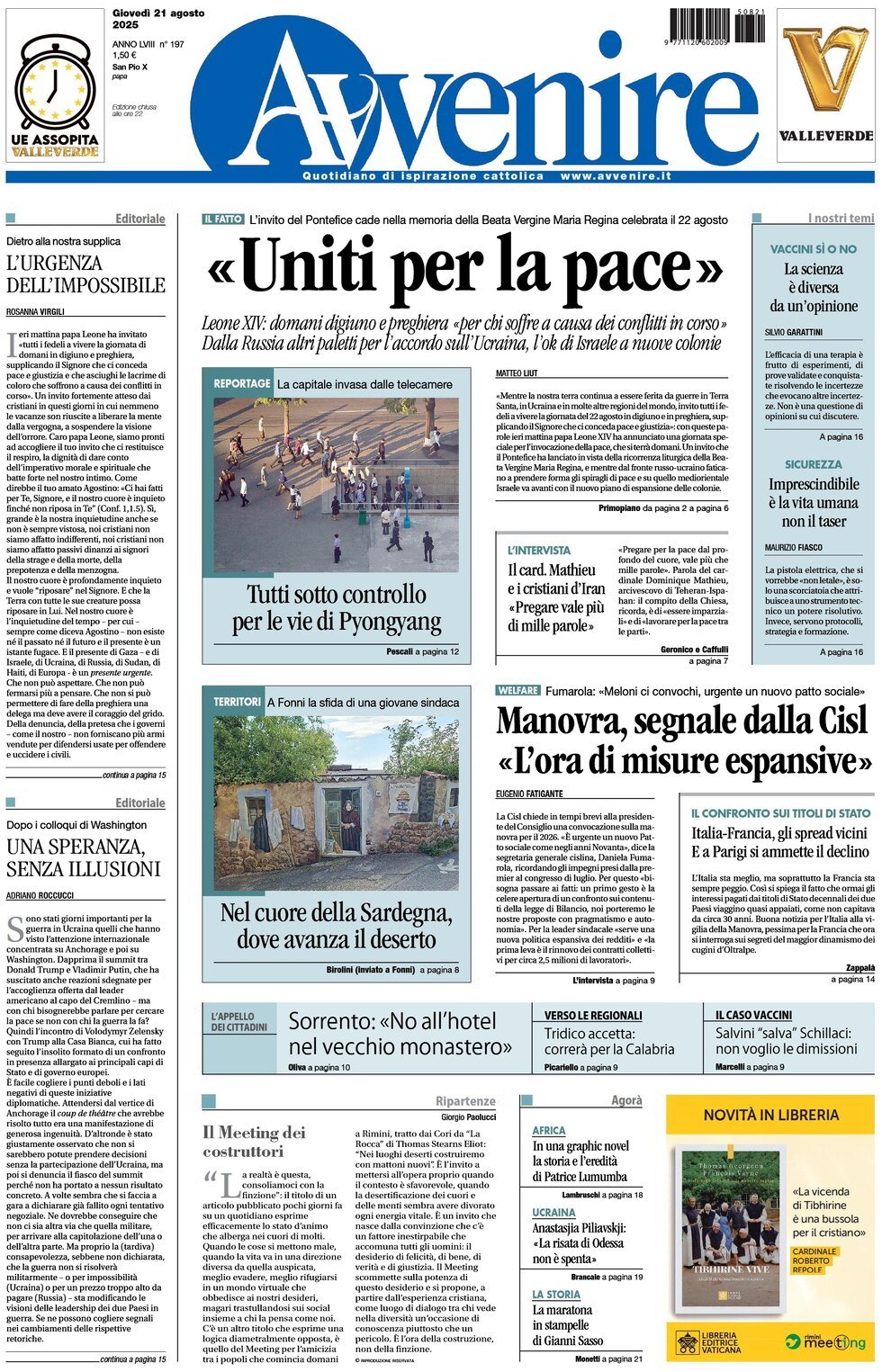 Prima Pagina Avvenire 21/08/2025