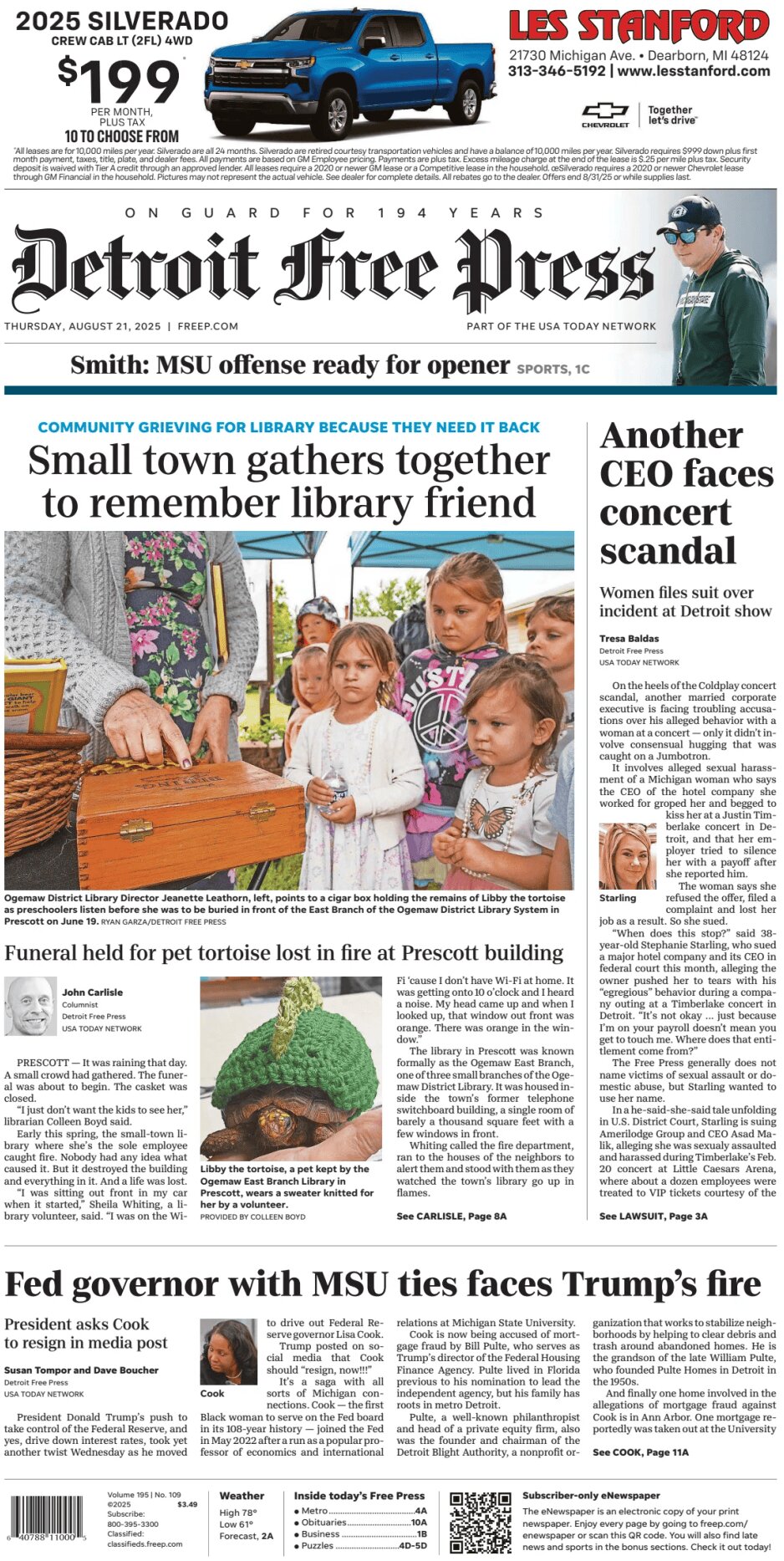 Prima Pagina Detroit Free Press 21/08/2025