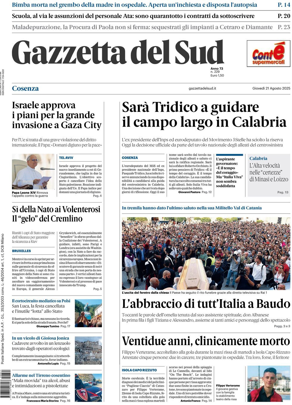 Prima Pagina Gazzetta del Sud (Cosenza) 21/08/2025
