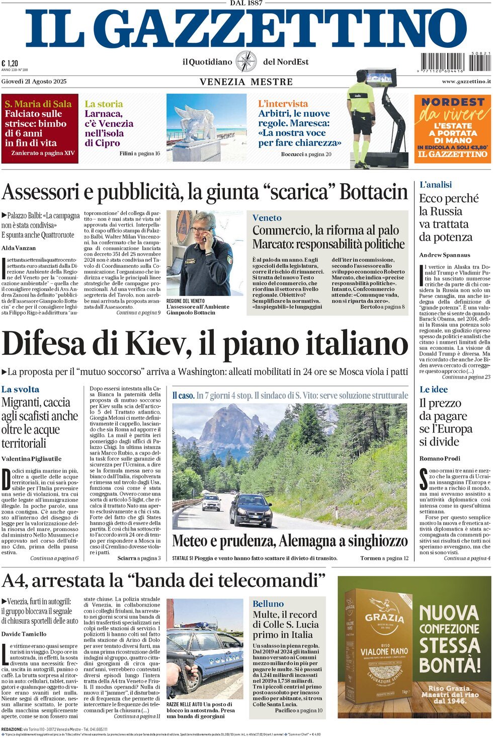 Prima Pagina Il Gazzettino 21/08/2025