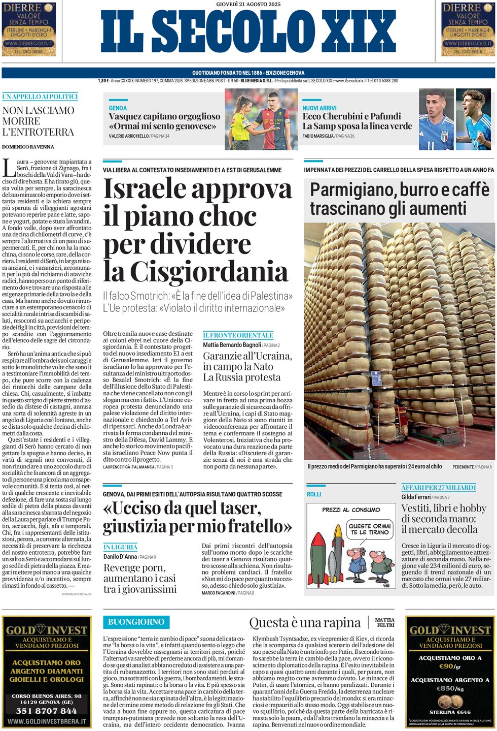 Prima Pagina Il Secolo XIX 21/08/2025