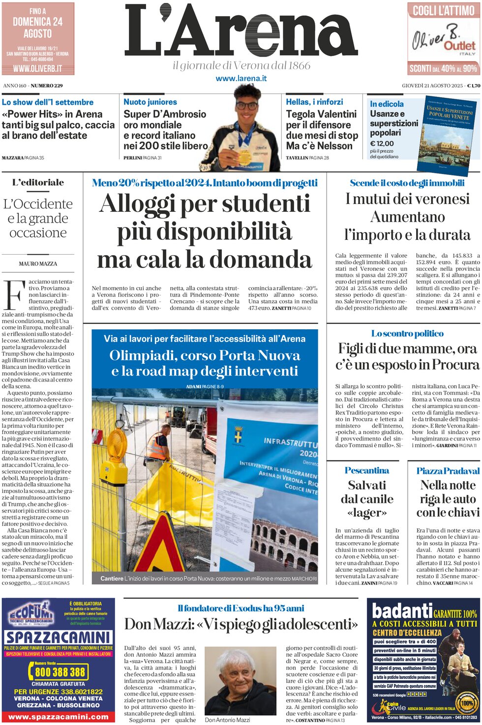 Prima Pagina L'Arena (Verona) 21/08/2025