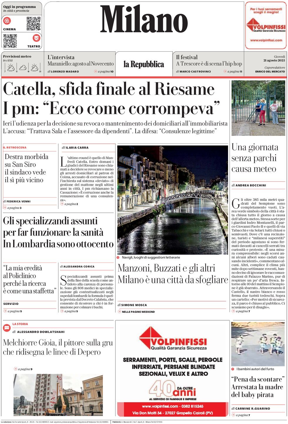 Prima Pagina La Repubblica (Milano) 21/08/2025