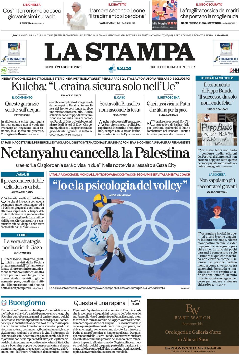 Prima Pagina La Stampa 21/08/2025