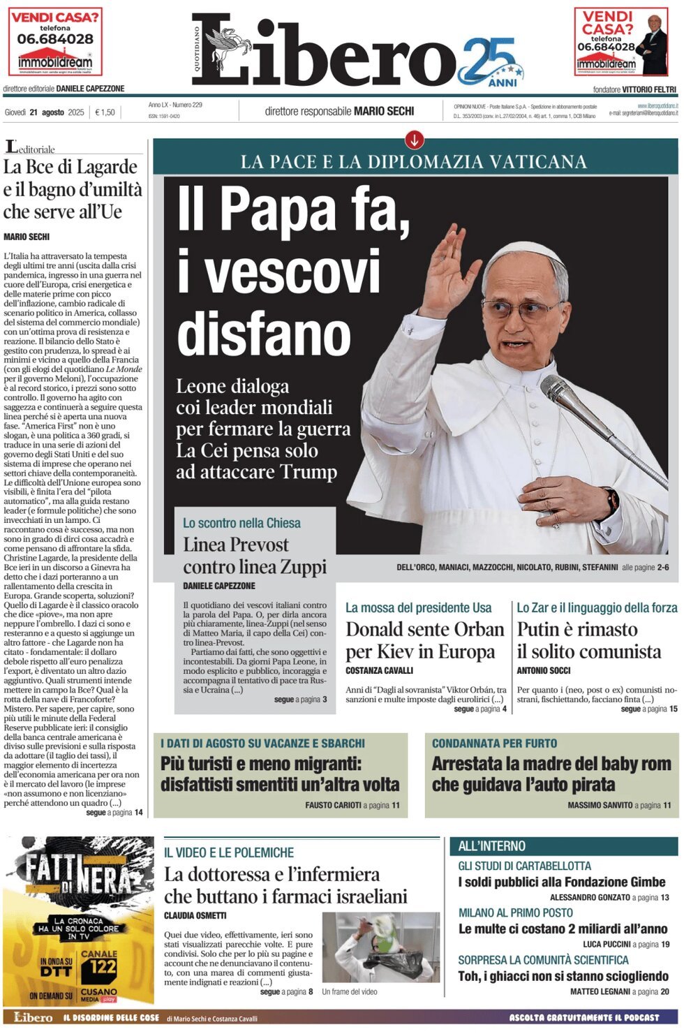 Prima Pagina Libero Quotidiano 21/08/2025