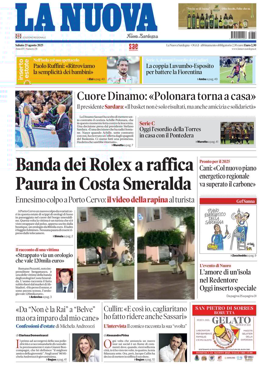 Prima Pagina La Nuova Sardegna 23/08/2025