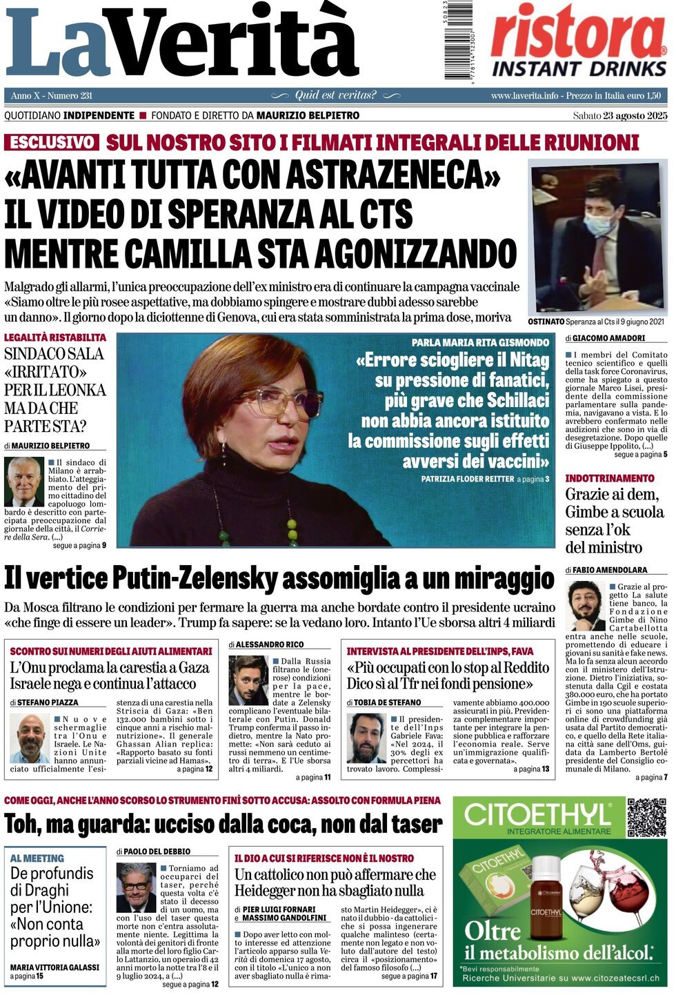 Prima Pagina La Verità 23/08/2025