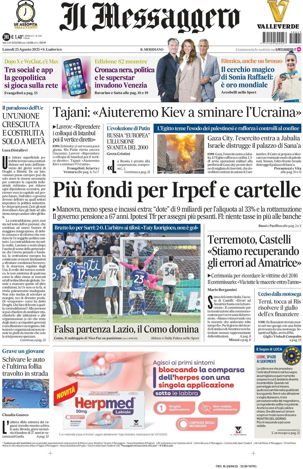Prima Pagina Il Messaggero 25/08/2025