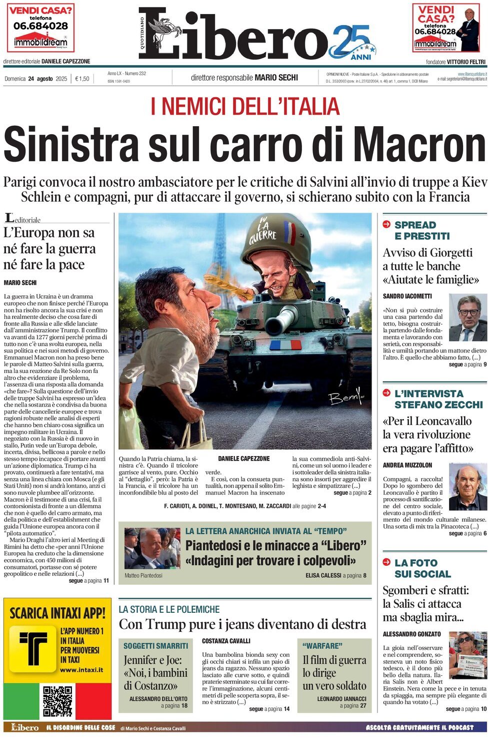 Prima Pagina Libero Quotidiano 24/08/2025