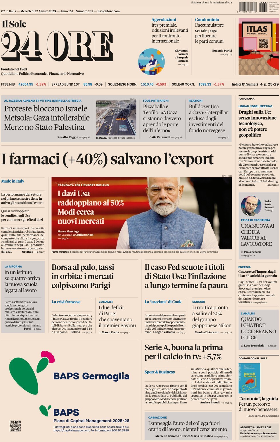 Prima Pagina Il Sole 24 Ore 27/08/2025