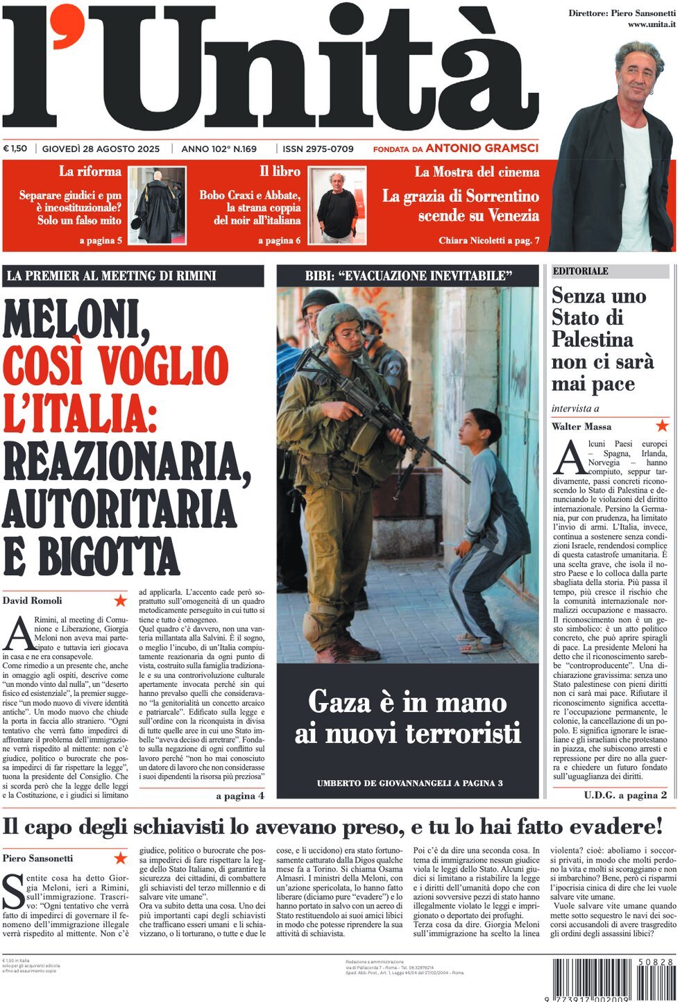 Prima Pagina L'Unità 28/08/2025
