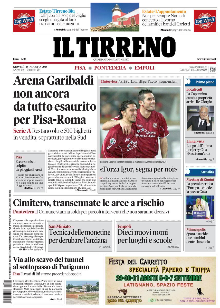 Prima Pagina Il Tirreno (Pisa, Pontedera) 28/08/2025