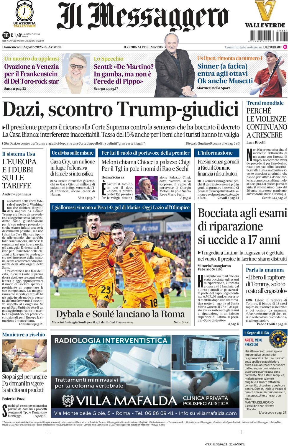 Prima Pagina Il Messaggero 31/08/2025
