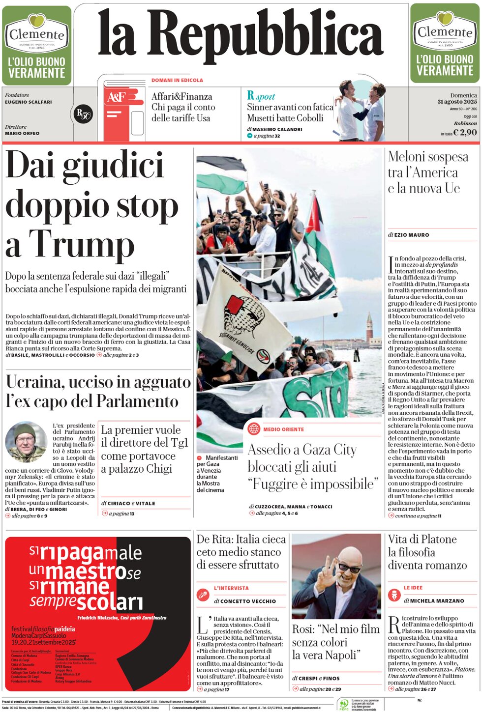 Prima Pagina La Repubblica 31/08/2025
