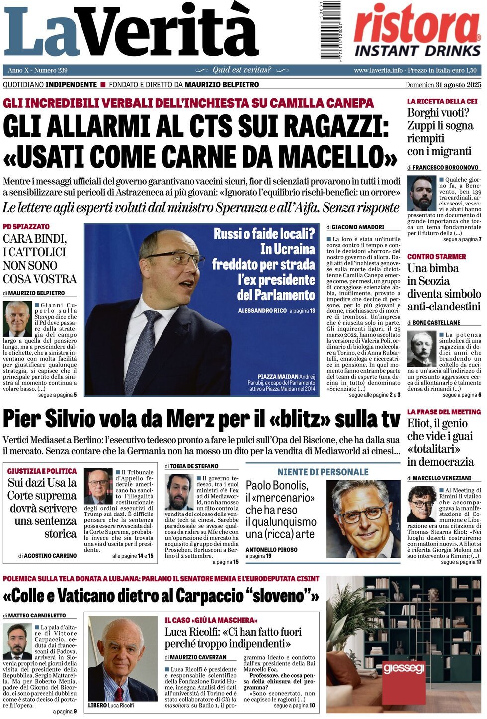 Prima Pagina La Verità 31/08/2025