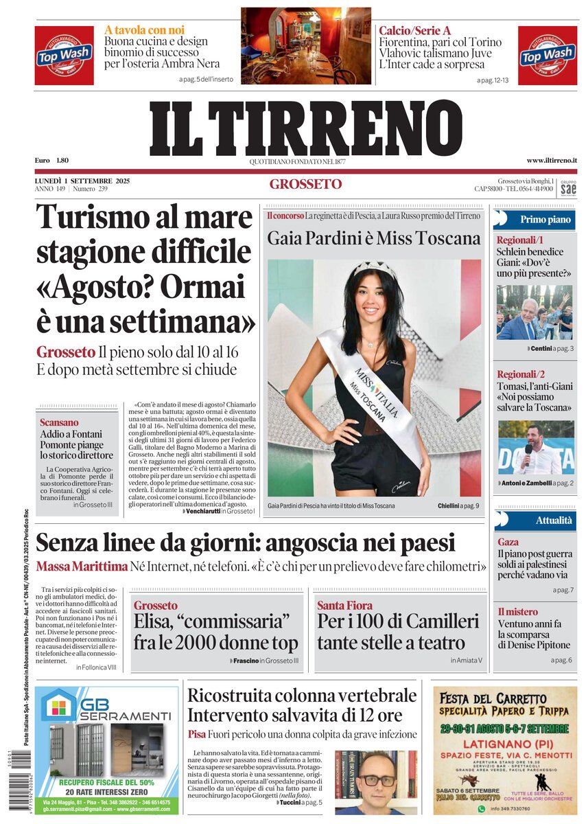 Prima Pagina Il Tirreno (Grosseto) 01/09/2025