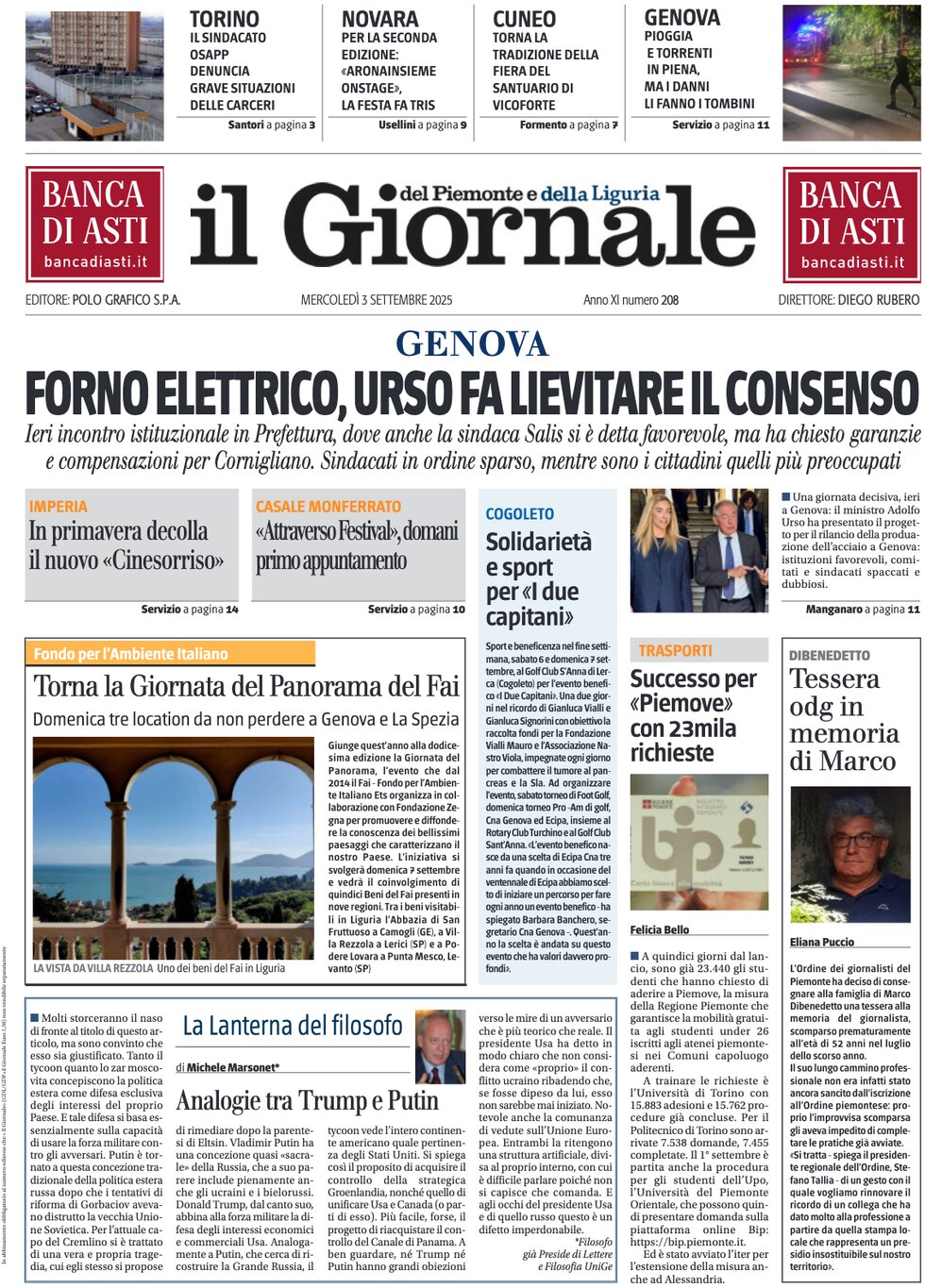 Prima Pagina Il Giornale del Piemonte e della Liguria 03/09/2025