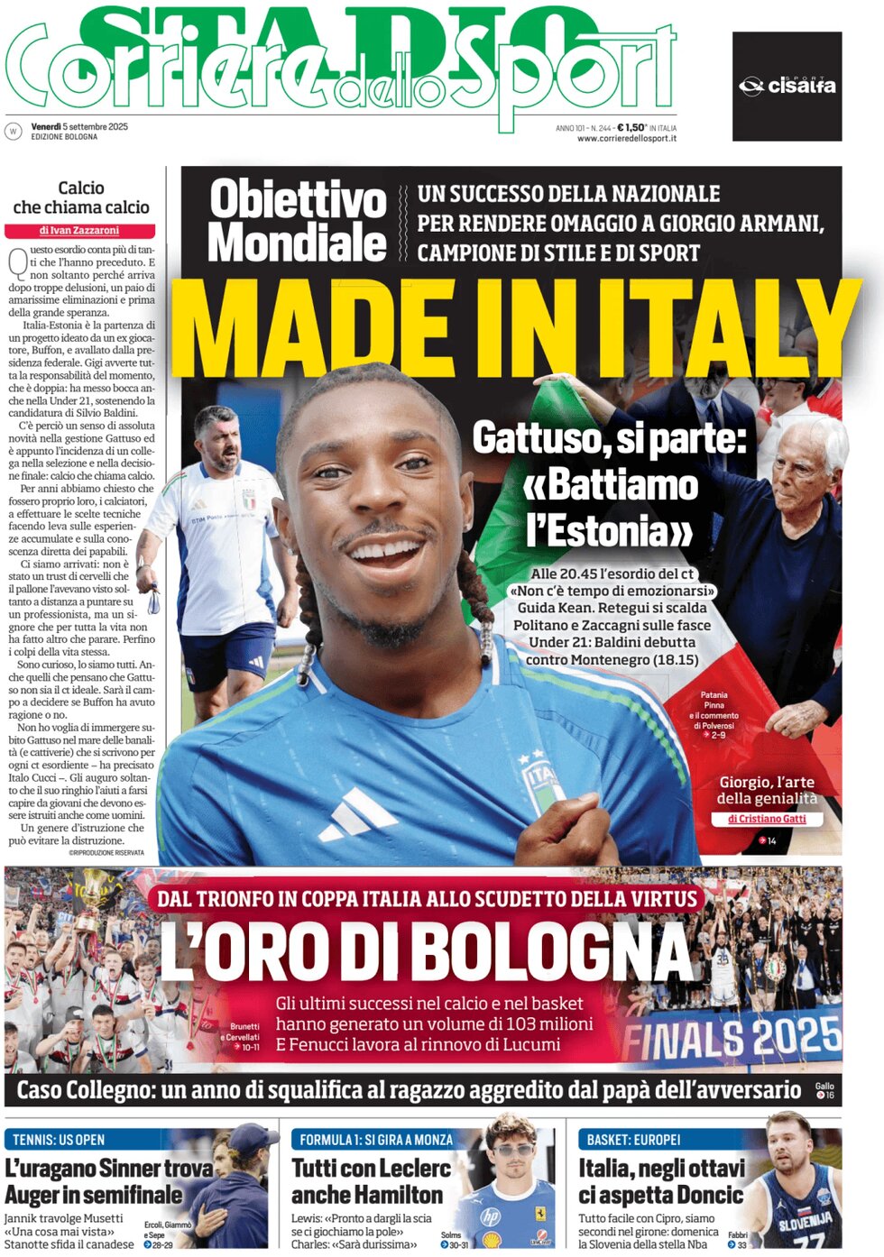 Prima Pagina Corriere dello Sport (Bologna) 05/09/2025