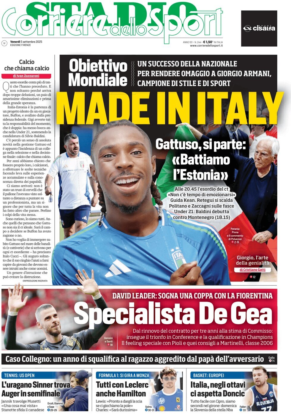 Prima Pagina Corriere dello Sport (Firenze) 05/09/2025