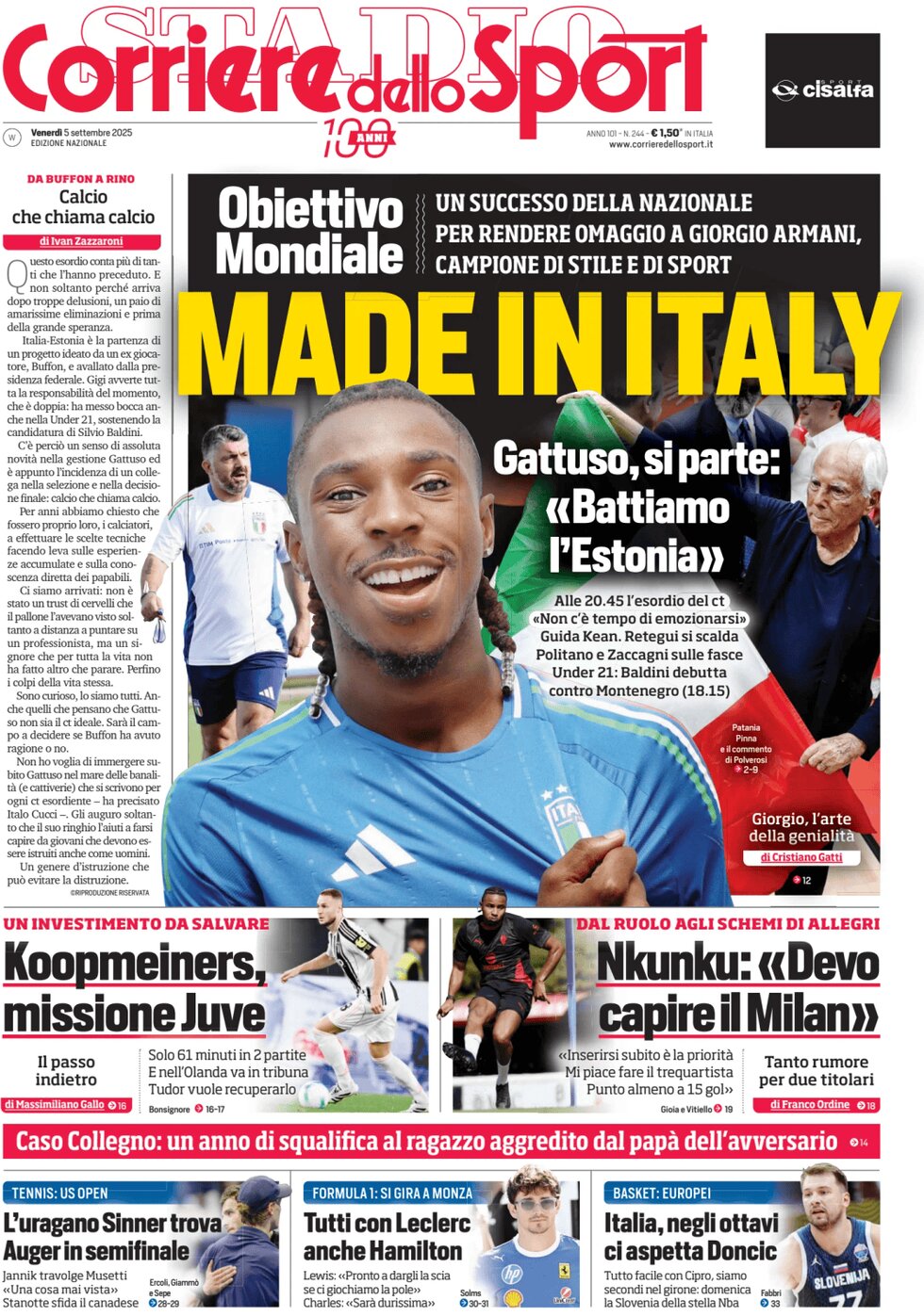 Prima Pagina Corriere dello Sport (Lombardia) 05/09/2025