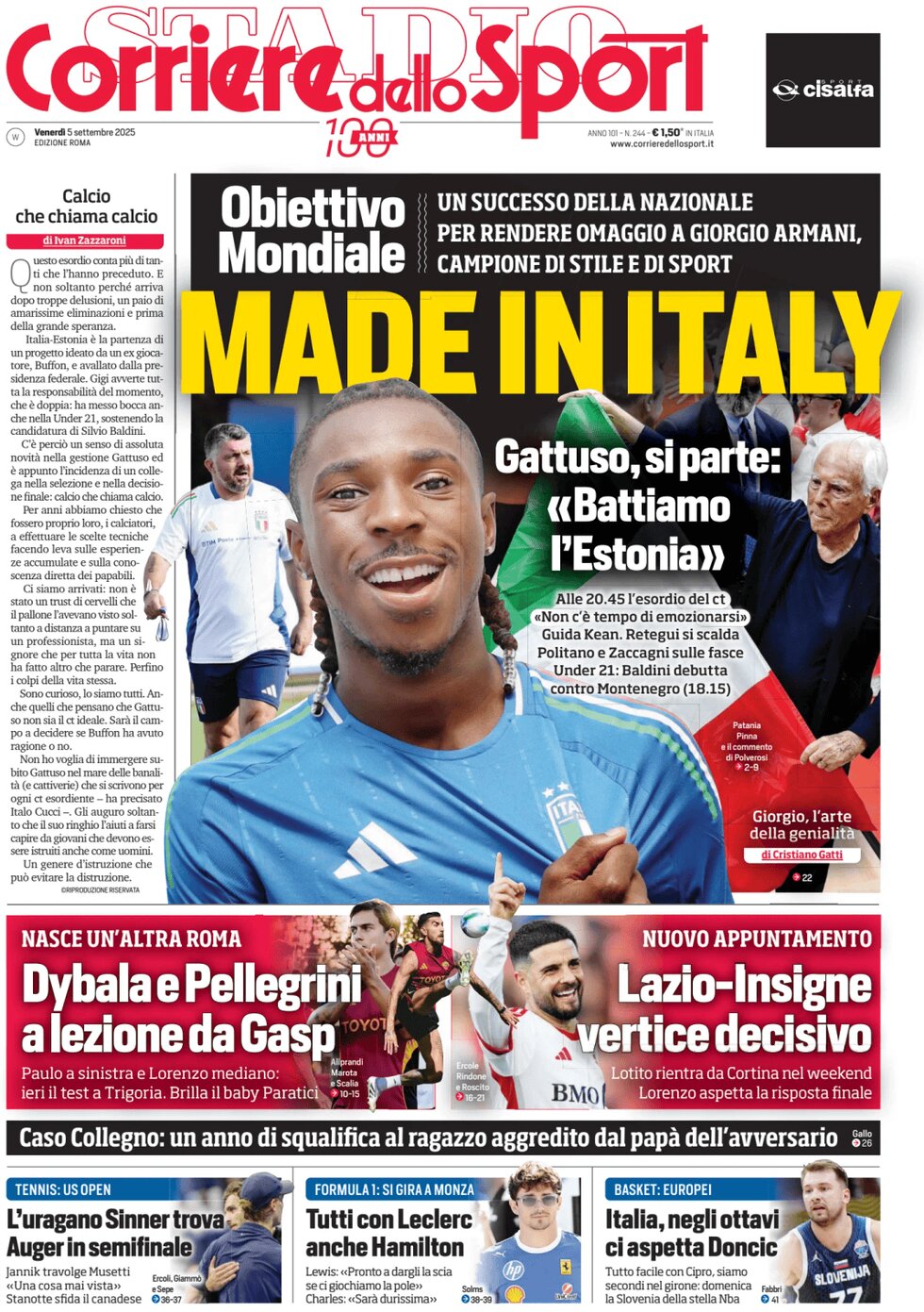 Prima Pagina Corriere dello Sport (Roma) 05/09/2025