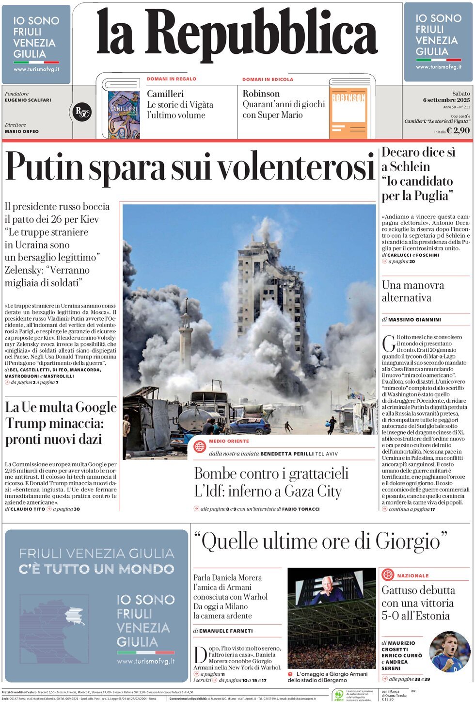 Prima Pagina La Repubblica 06/09/2025