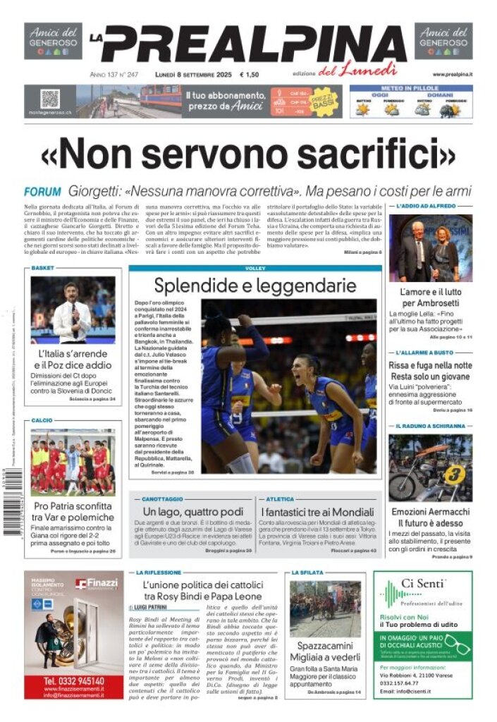 Prima Pagina La Prealpina 08/09/2025