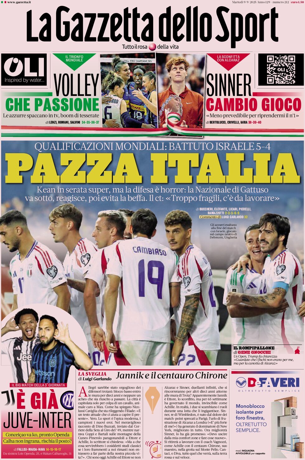 Prima Pagina La Gazzetta dello Sport 09/09/2025