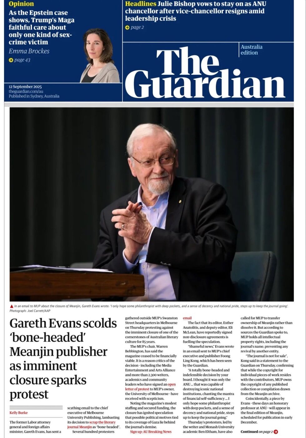 Prima Pagina The Guardian Australia 12/09/2025
