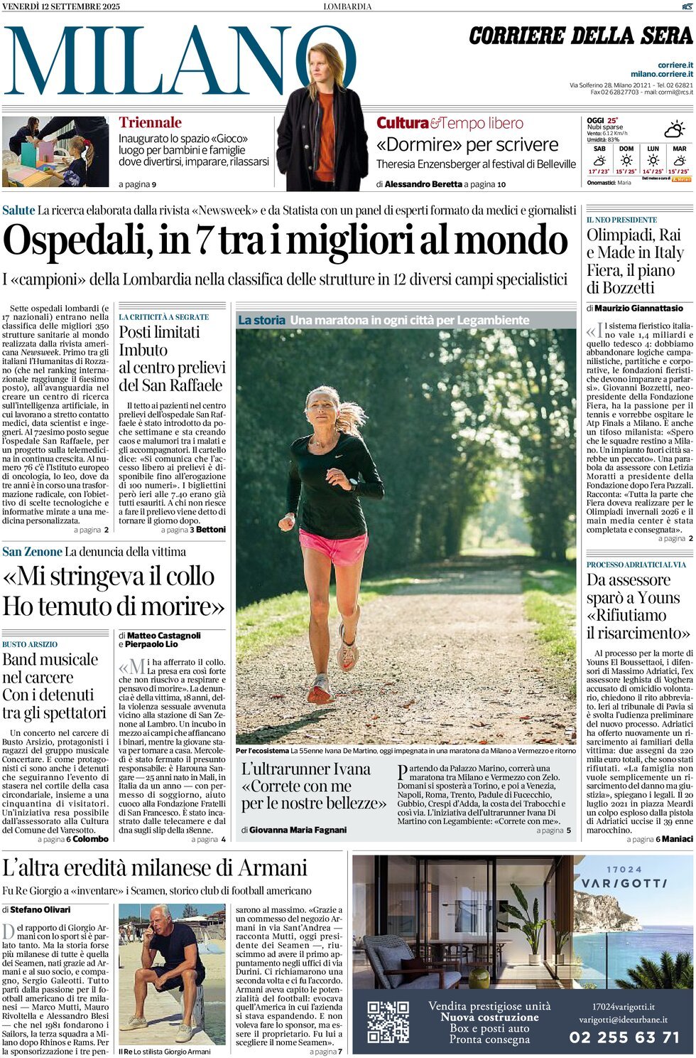 Prima Pagina Corriere della Sera (Milano) 12/09/2025