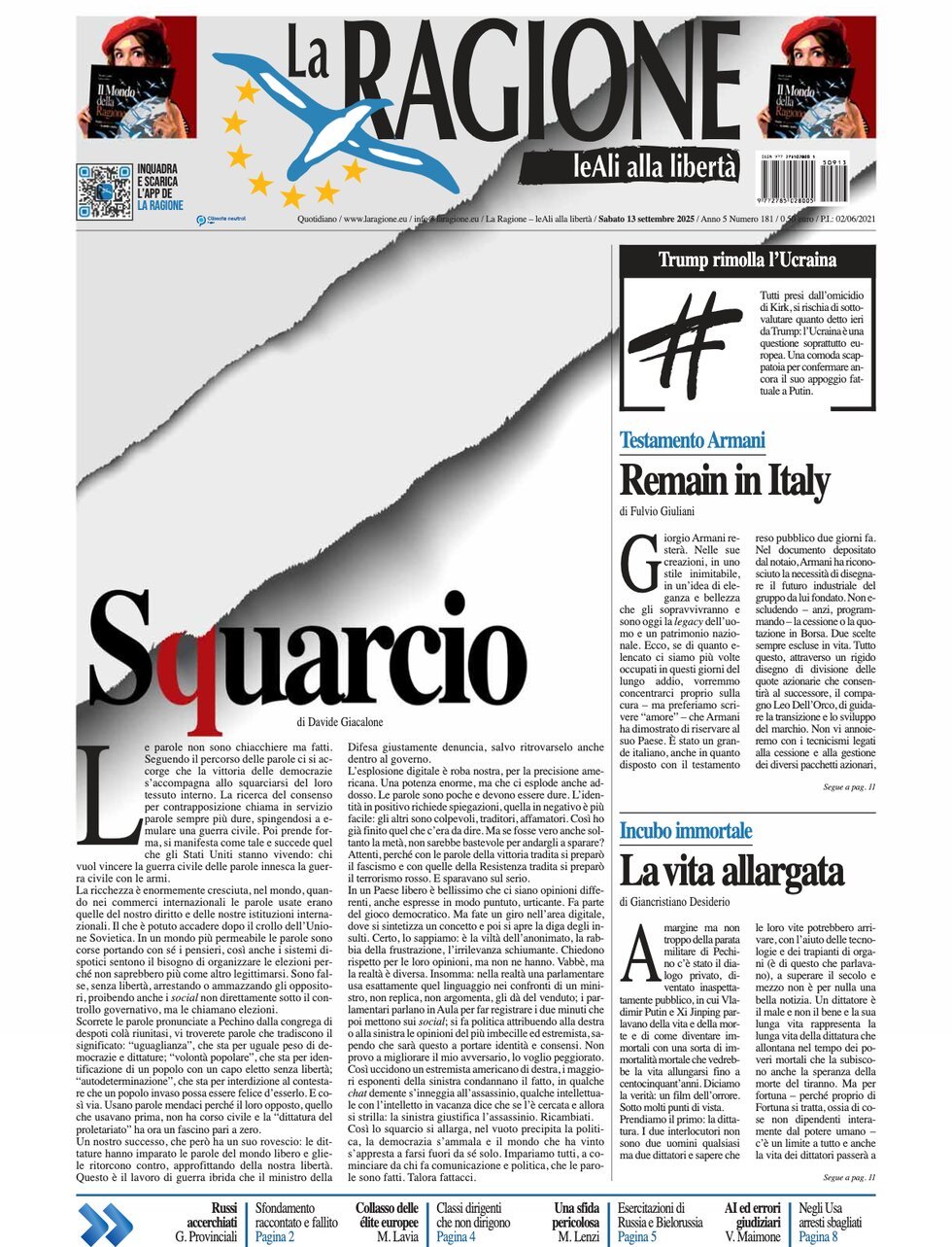 Prima Pagina La Ragione 13/09/2025