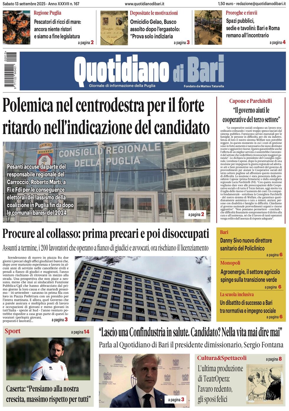 Prima Pagina Quotidiano di Bari 13/09/2025