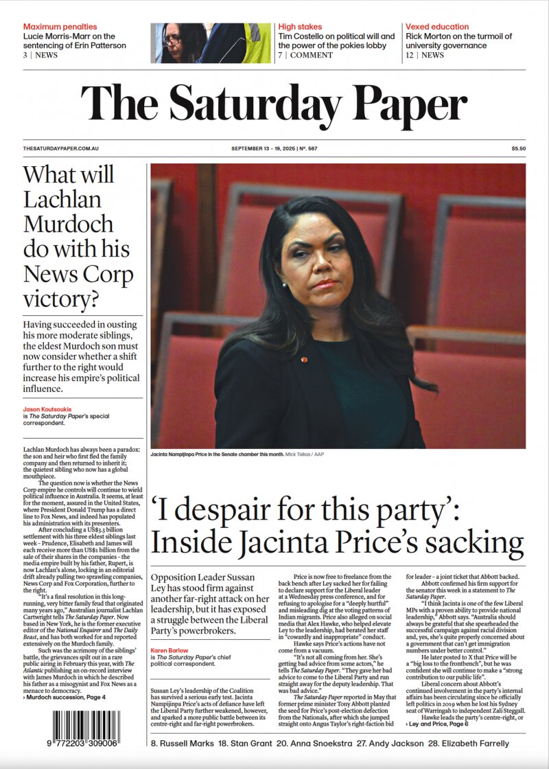 Copertina The Saturday Paper 13/09/2025