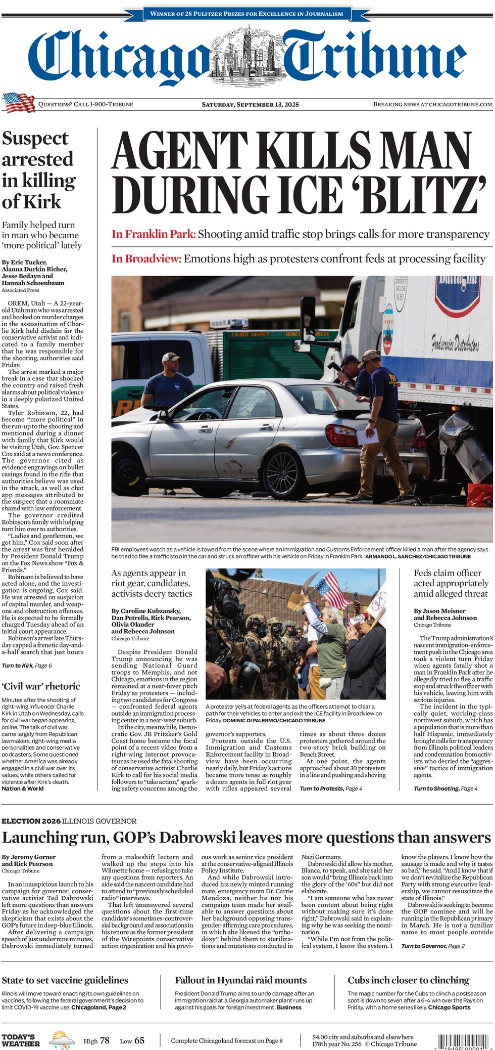 Prima Pagina Chicago Tribune 13/09/2025