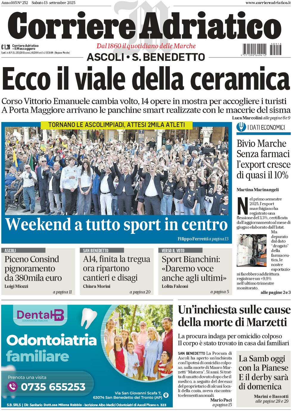 Prima Pagina Corriere Adriatico (Ascoli) 13/09/2025