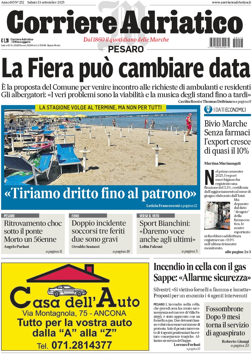 Prima Pagina Corriere Adriatico (Pesaro) 13/09/2025