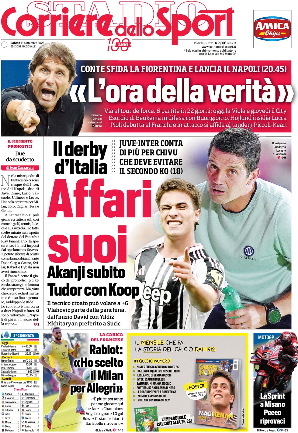 Prima Pagina Corriere dello Sport 13/09/2025