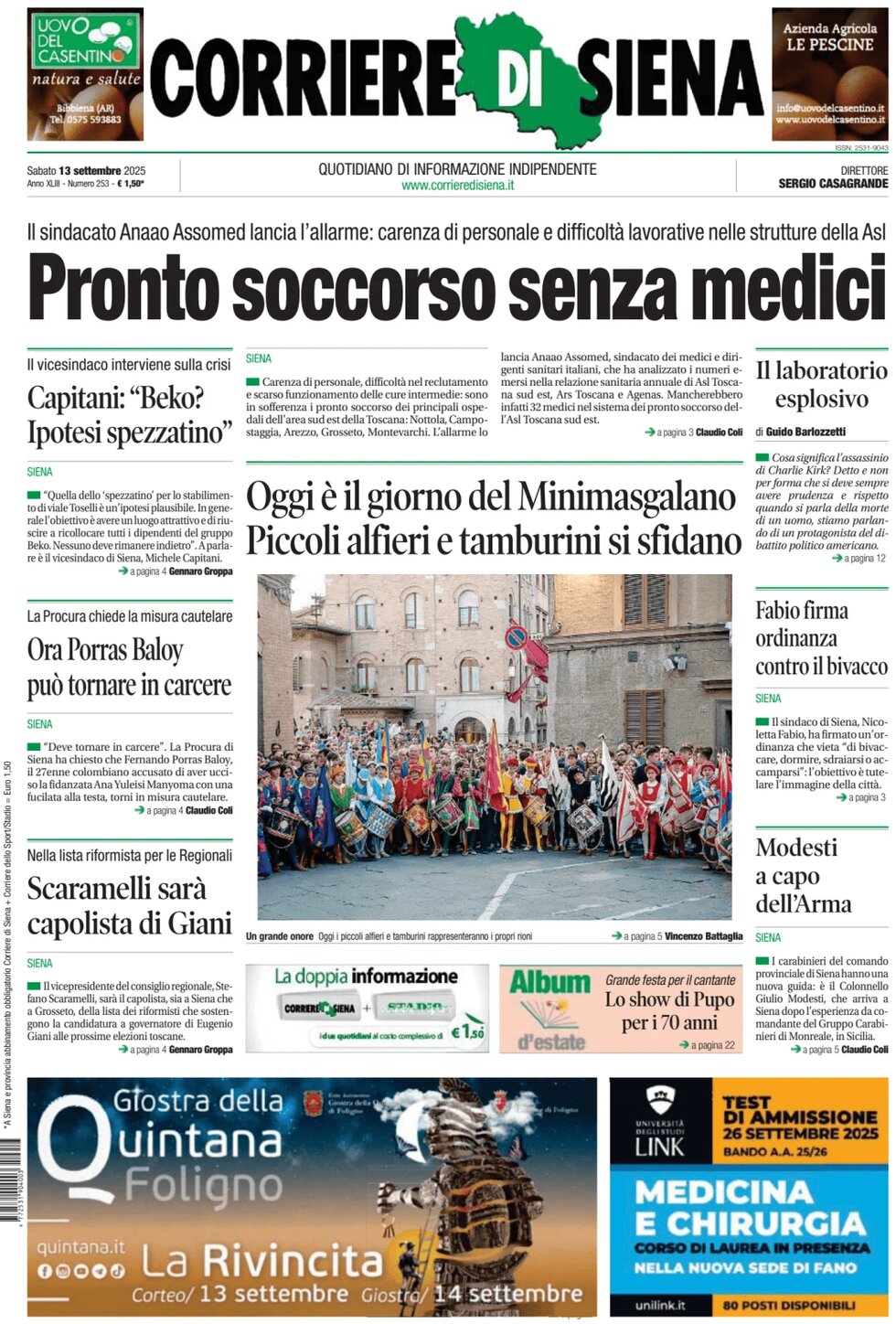 Prima Pagina Corriere di Siena 13/09/2025